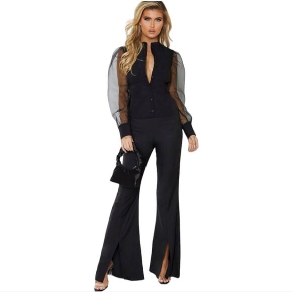 PrettyLittleThing‎ -493 Black Organza Oversized Long Balloon Sleeve Blouse NWT 2 - Picture 1 of 6
